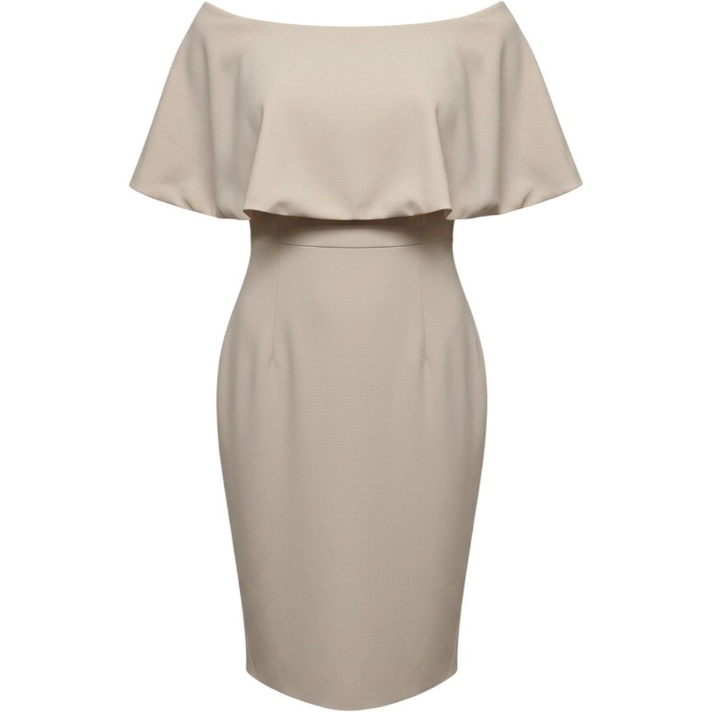 Lulus Beige Off The Shoulder Popover Ruffle Midi Bodycon Dress XS Cocktail